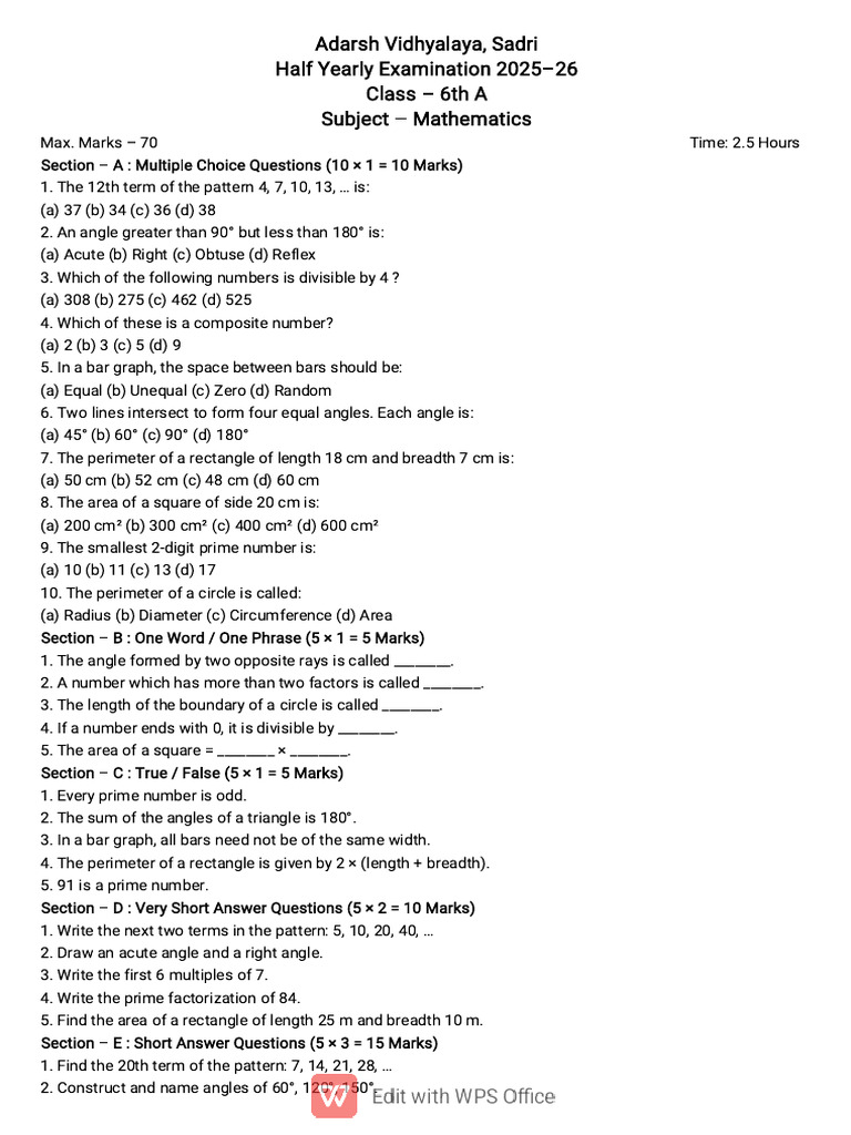 Class 6 Math Half Yearly Exam 2025-26 | PDF | Length | Area