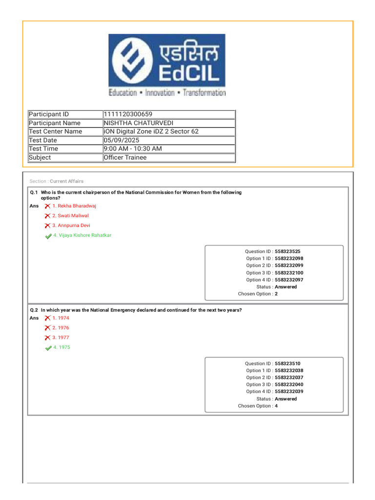 EDCIL Officer Trainee Exam Questions | PDF