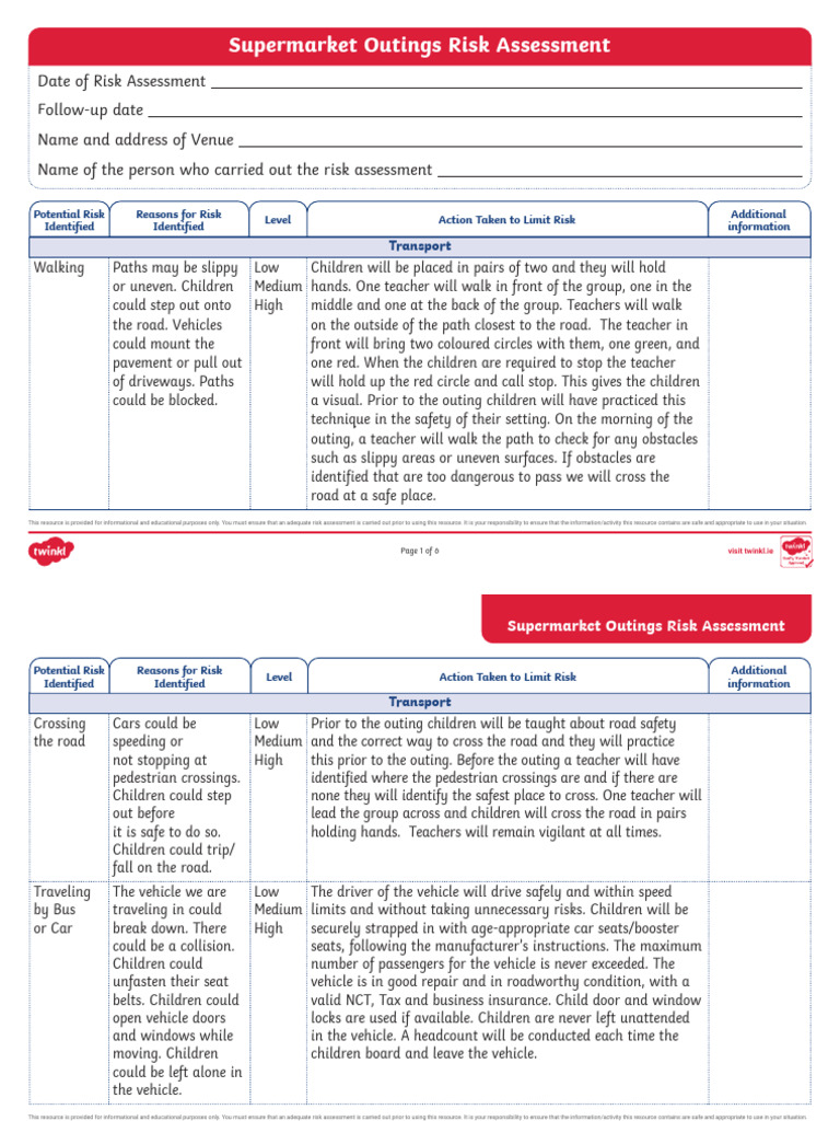 Supermarket Outings Risk Assessment Guide | PDF | First Aid | Road