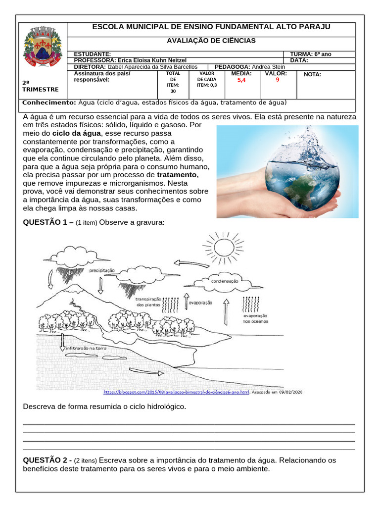 Avaliação Água - 6º Ano | PDF | Água | Desperdício