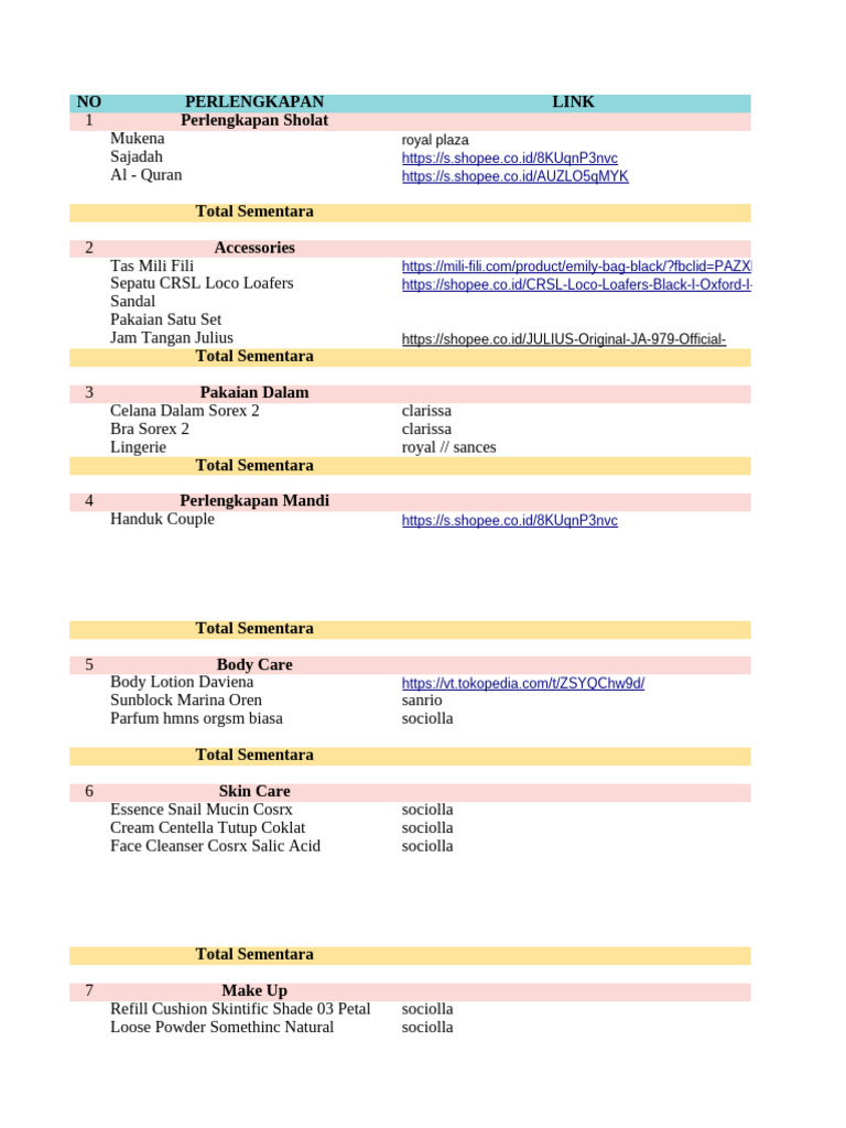Template Checklist Seserahan | PDF | Skin Care | Cosmetics