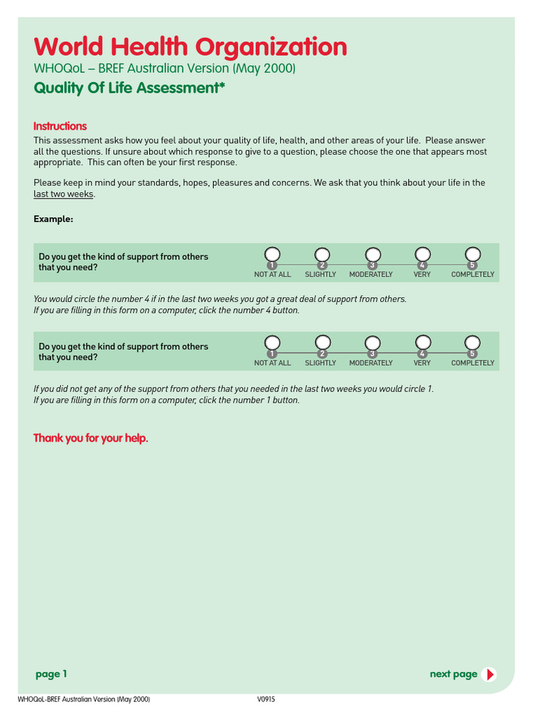WHOQoL-BREF Quality of Life Survey | PDF | Depression (Mood) | Mental ...