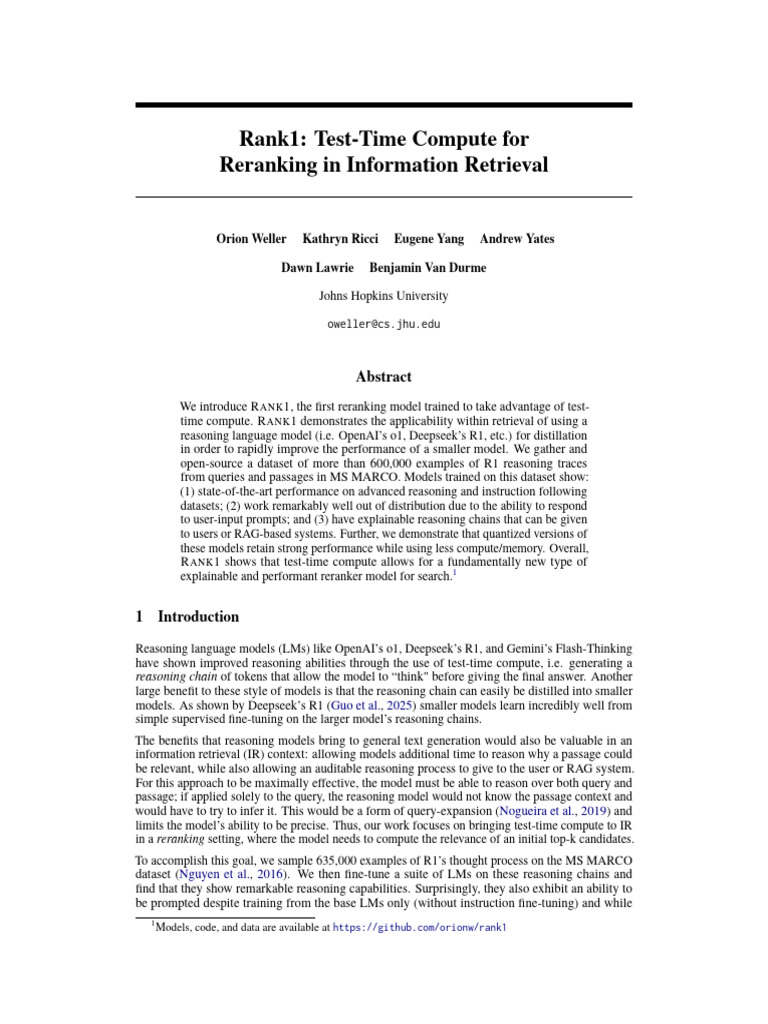 Rank1 Test-Time Compute For Reranking in Information Retrieval | PDF ...