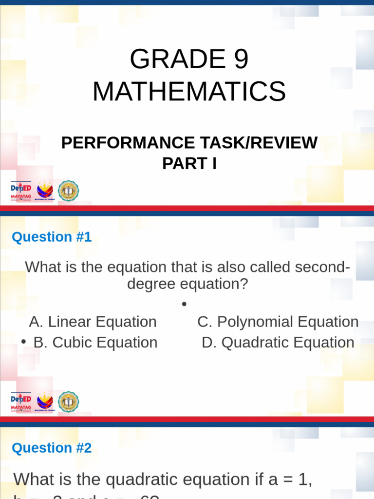 Grade 9 Quadratic Equation Review | PDF | Equations | Factorization