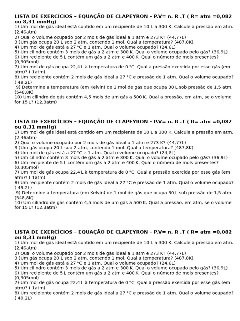 Exercícios de Equação de Clapeyron | PDF | Mol (unidade) | Gases