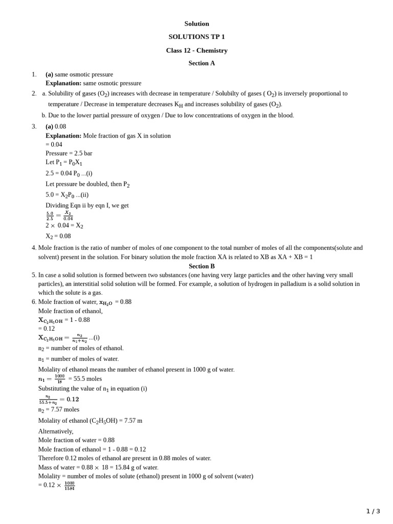 Class 12 Chemistry Solutions Guide | PDF | Osmosis | Concentration