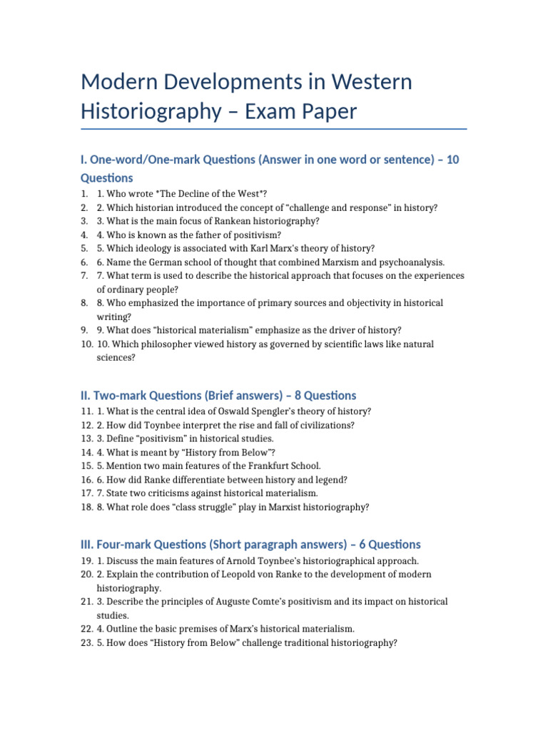 Modern Historiography Exam Questions | PDF | Historiography | Positivism