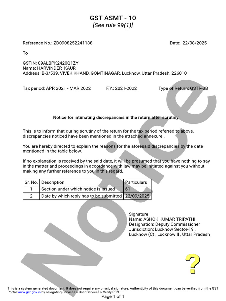 GST Notice for Return Discrepancies | PDF | Authentication | Access Control