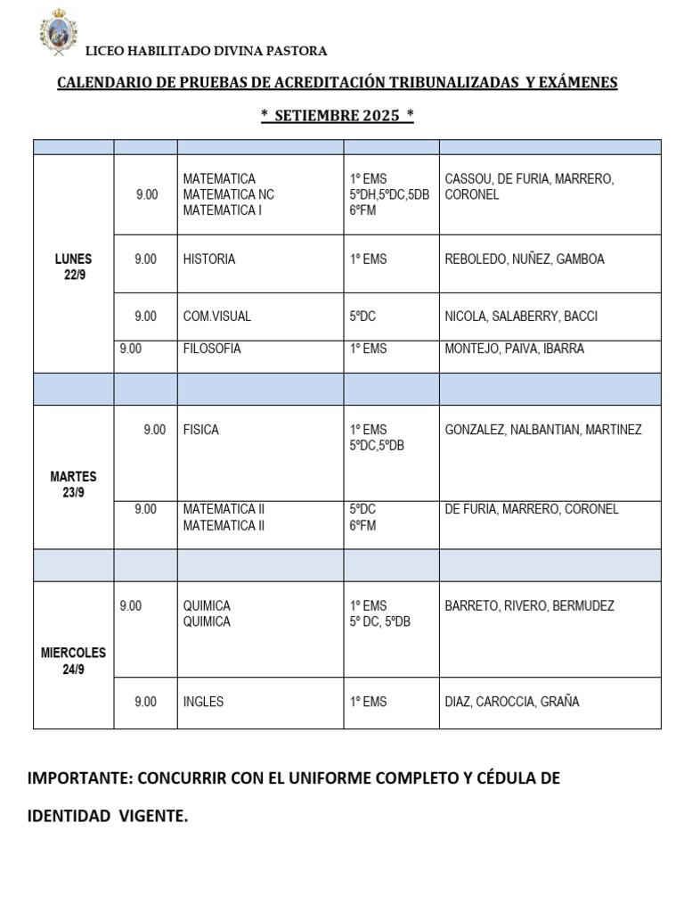 Calendario Pruebas Acreditación y Examenes Setiembre 2025 | PDF