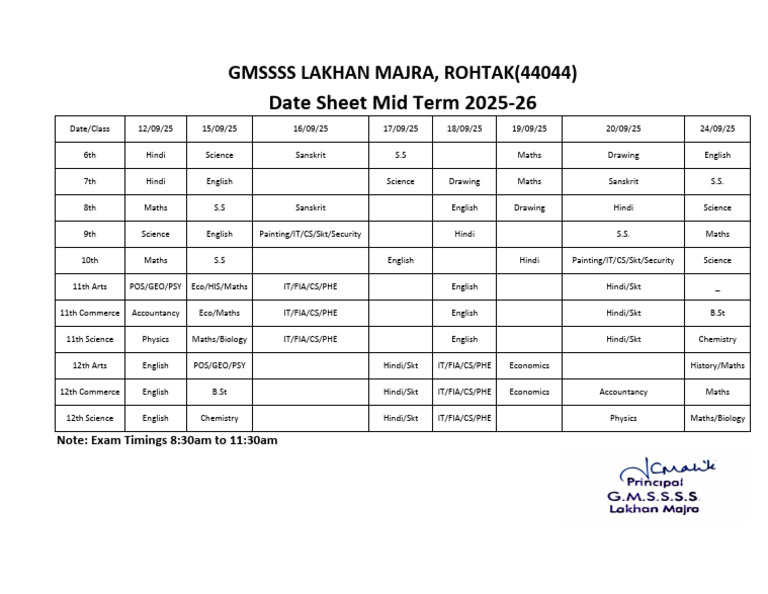 Date Sheet Mid Term 2025-26 | PDF