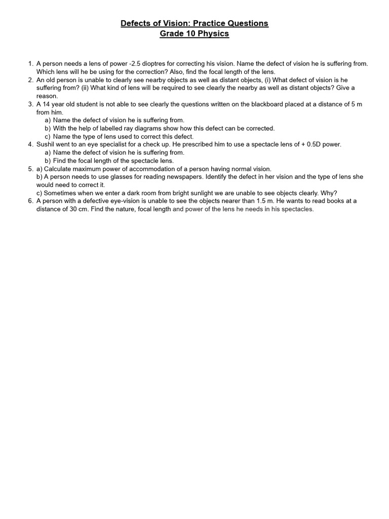 Defects of Vision - Practice Questions | PDF
