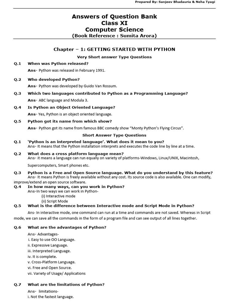 Class XI Python Question Bank Answers | PDF | Reserved Word | Data Type