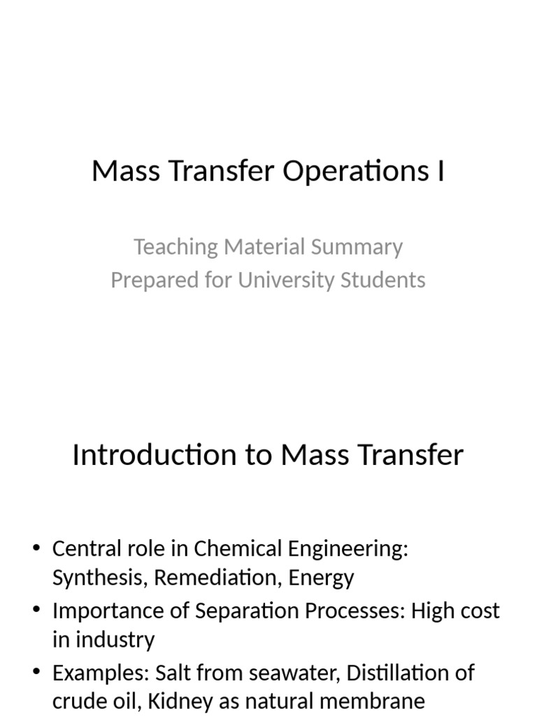 Introduction to Mass Transfer Operations | PDF | Diffusion | Mass Transfer
