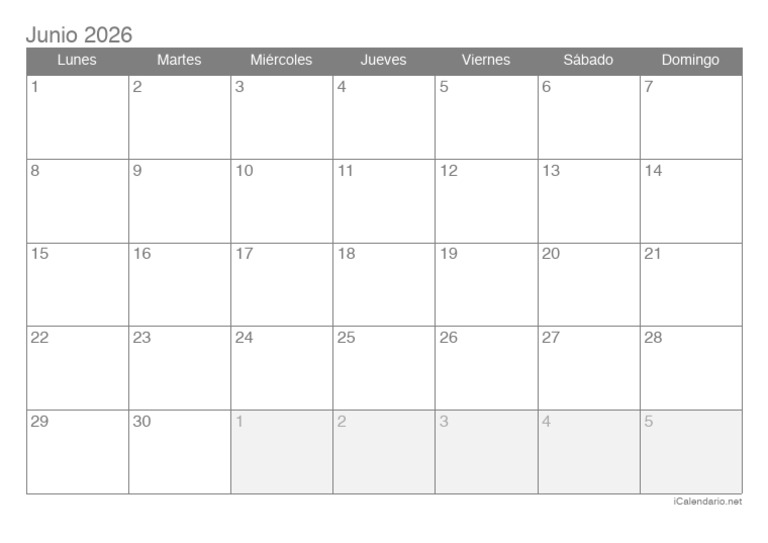 Calendario Junio 2026 en PDF | PDF