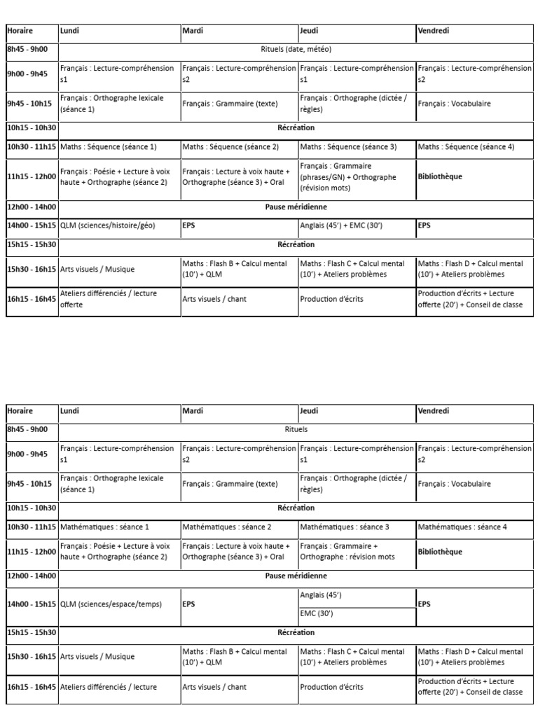 Emploi du temps CE1 2025 | PDF | Langue française | Écriture