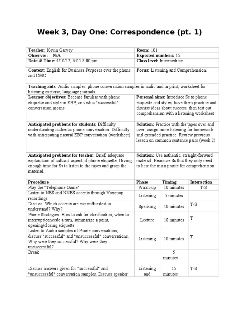 worksheet Telephone Etiquette Worksheet lesson plan pt 1 reading comprehension conversation