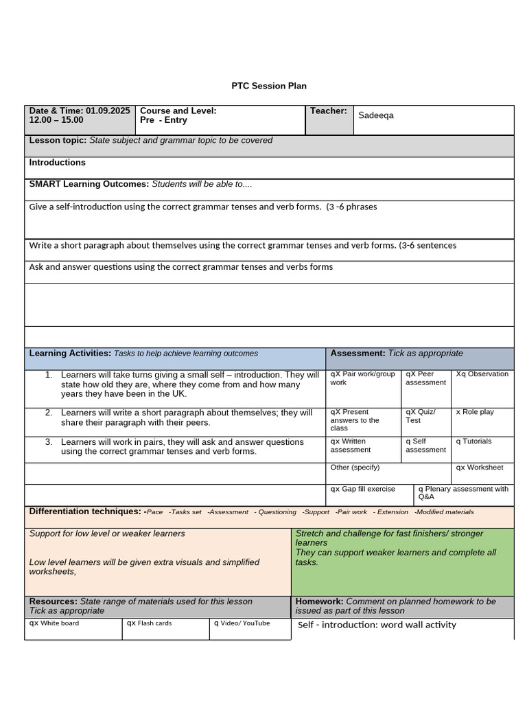 Pre-Entry Grammar Lesson Plan | PDF | Learning | Human Communication