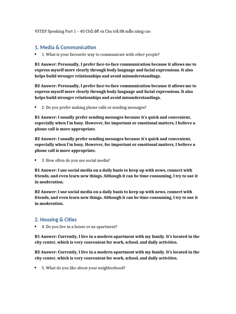 VSTEP Speaking Part1 70 Topics B1 B2 | PDF | Communication | Sky
