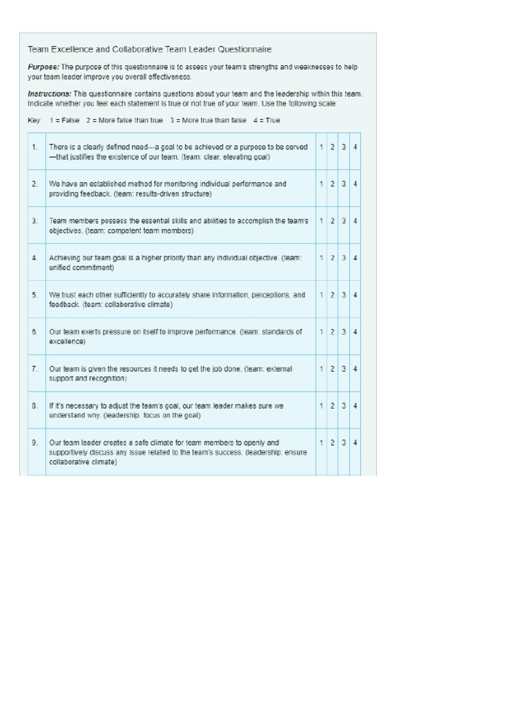 Team Excellence and Collaborative Team Leader Questionnaire | PDF