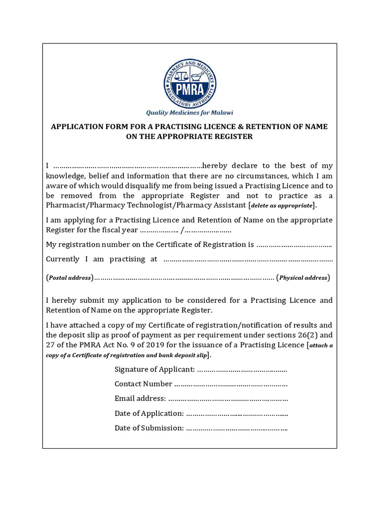 Application For A Practicing Licence and Retention of Name On Register ...