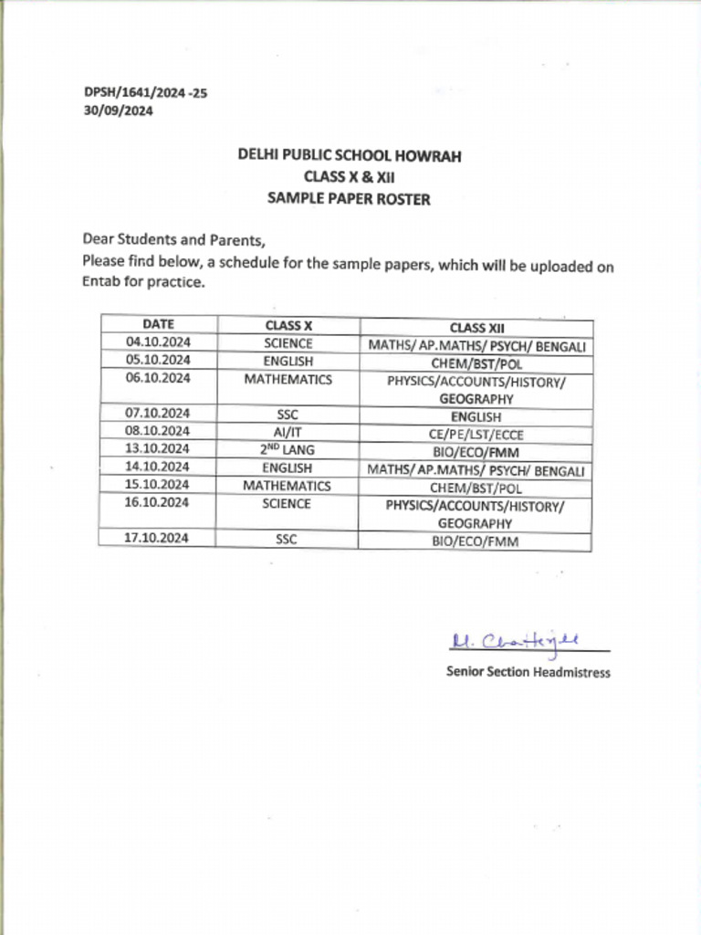 Sample Paper Roster Class X & XII | PDF