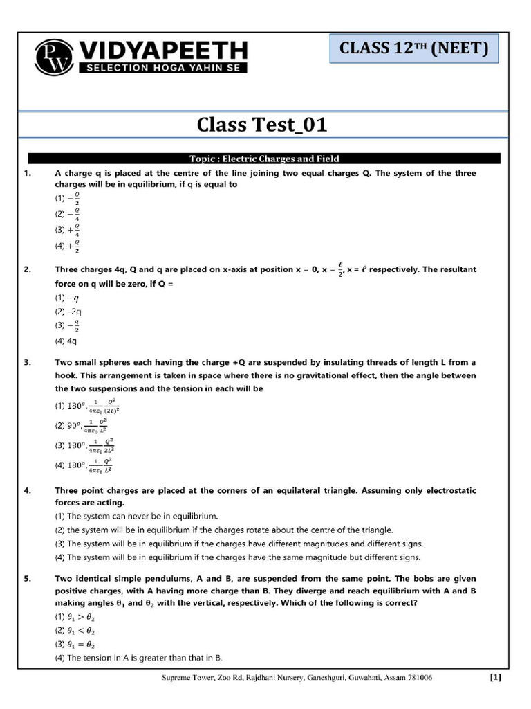 01 - Class Test - Physics - Electric Charges and Field | PDF