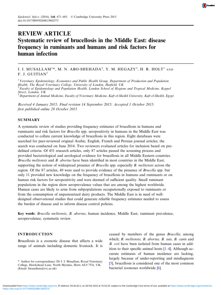 Systematic Review of Brucellosis in The Middle East Disease Frequency ...