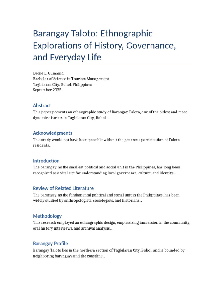 Ethnographic Study of Barangay Taloto | PDF