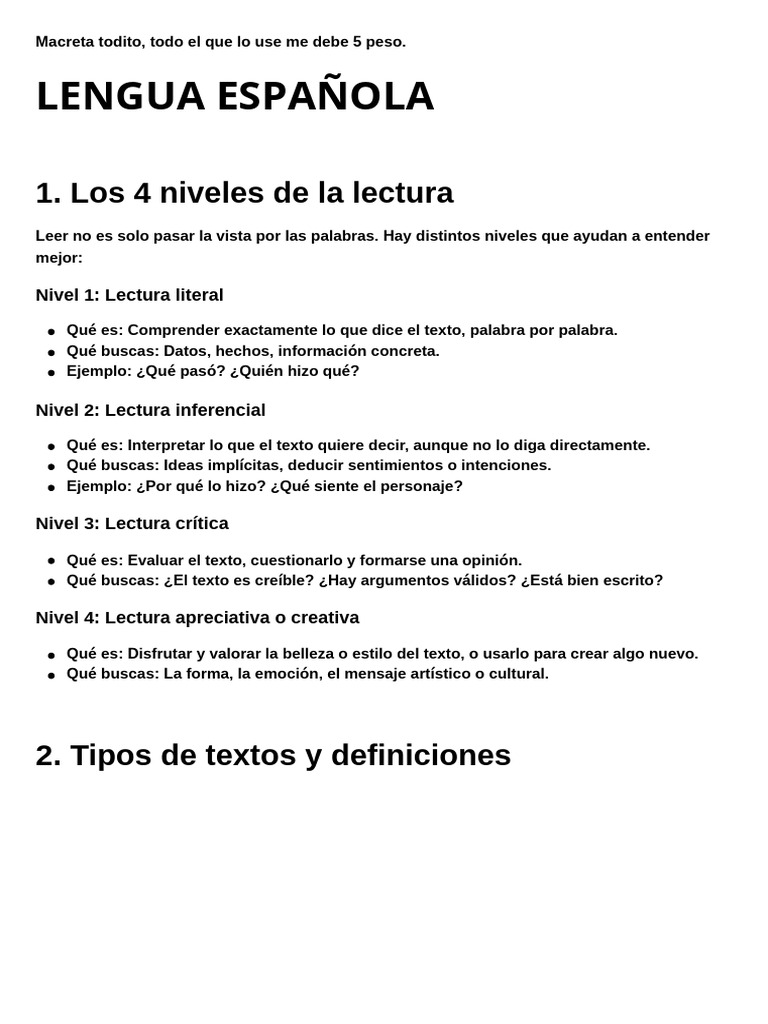 Niveles y tipos de lectura explicados | PDF | Palabra