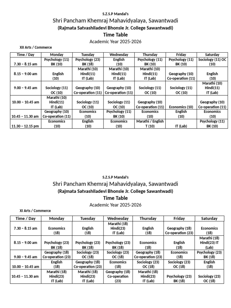 2025-2026 Time Table for XII & XI Classes | PDF