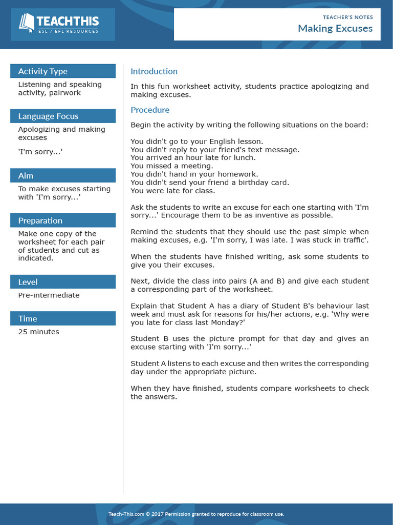 Making Excuses Worksheet | PDF