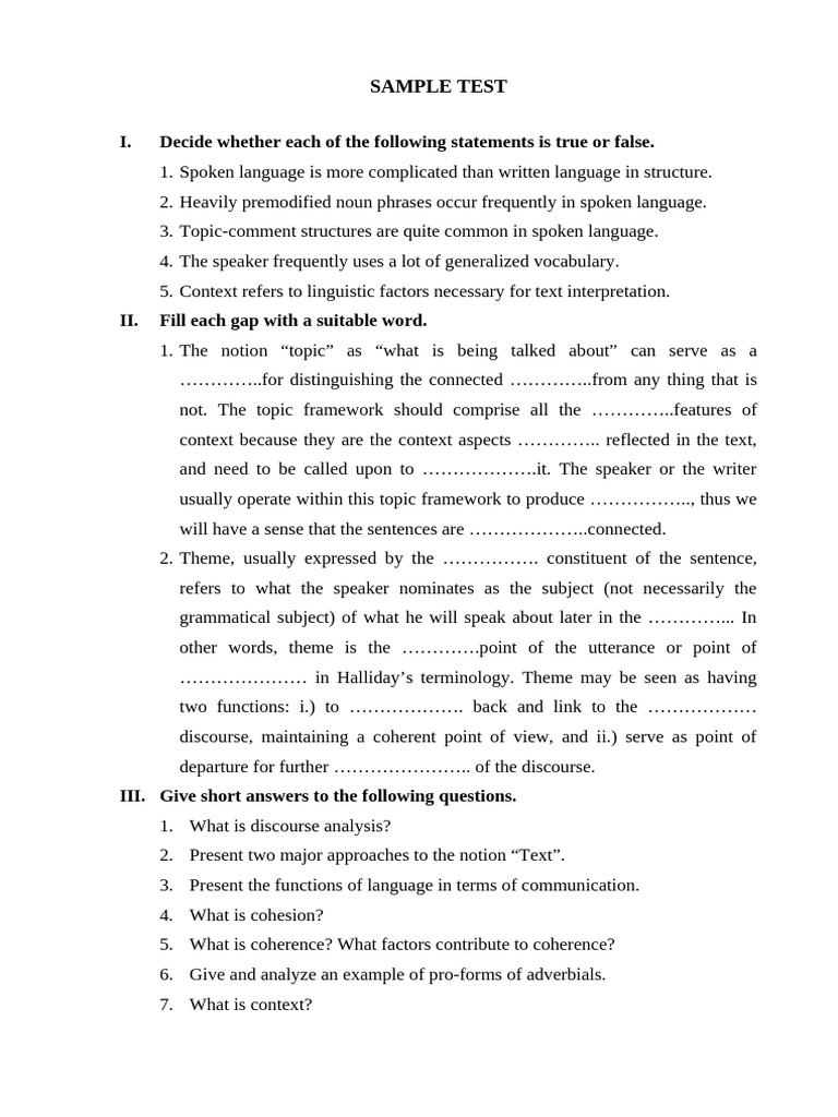 Spoken Language Analysis Test | PDF | Semantics | Linguistics