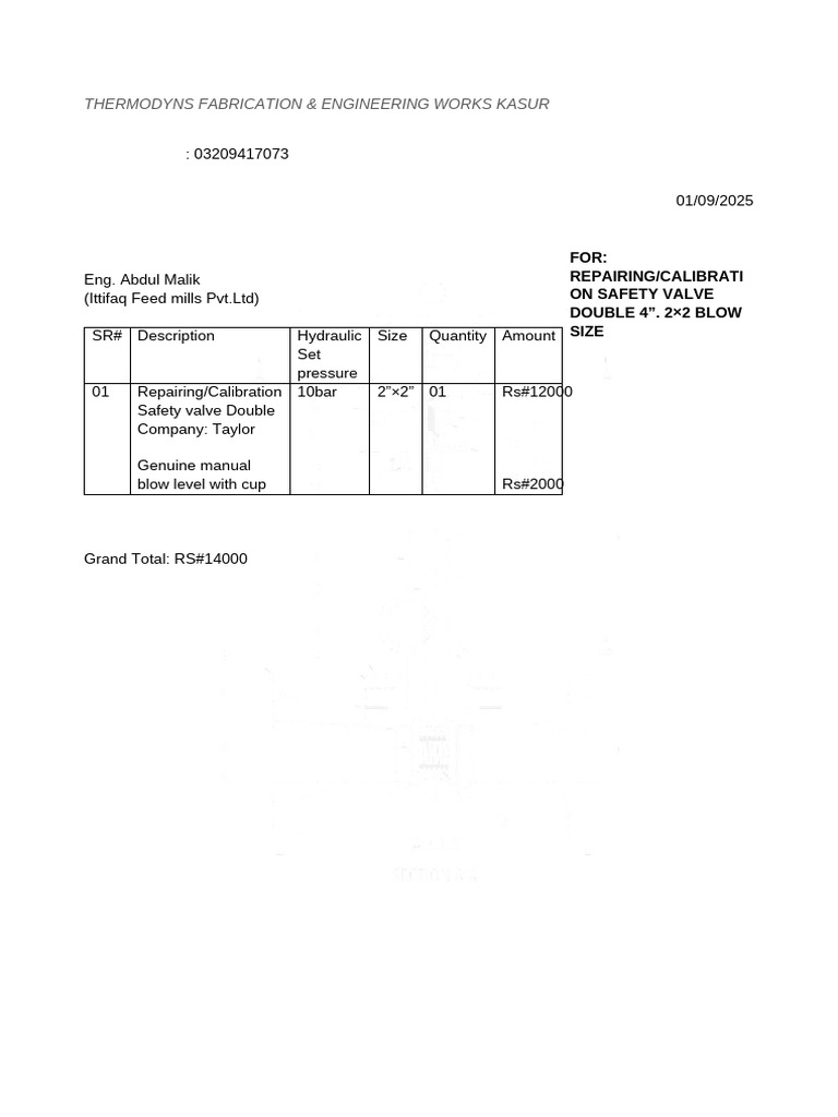 Safety Valve Calibration Invoice | PDF