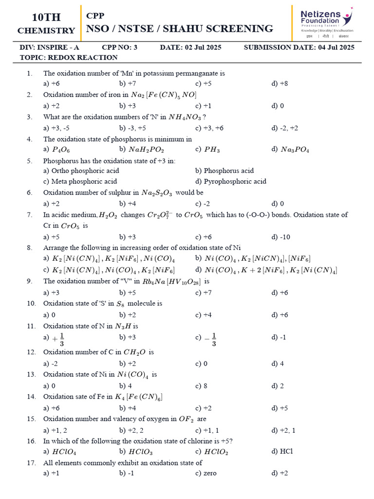 Redox Reaction Questions for 10th Grade | PDF | Redox | Chlorine