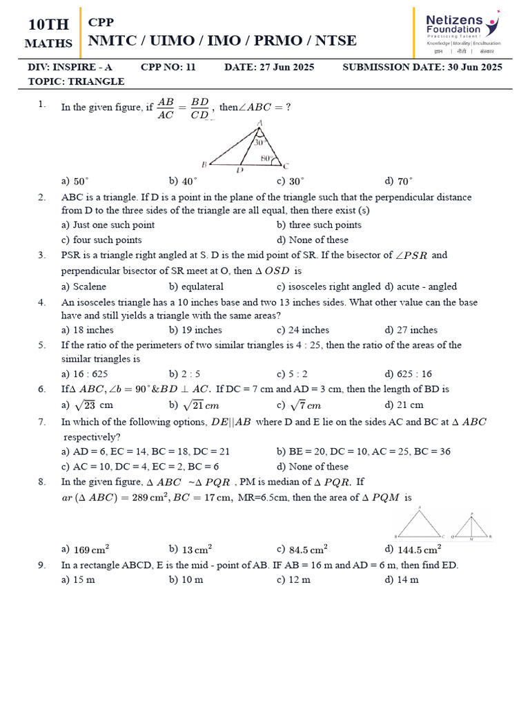 10th Grade Maths: Triangle Problems | PDF | Triangle | Area