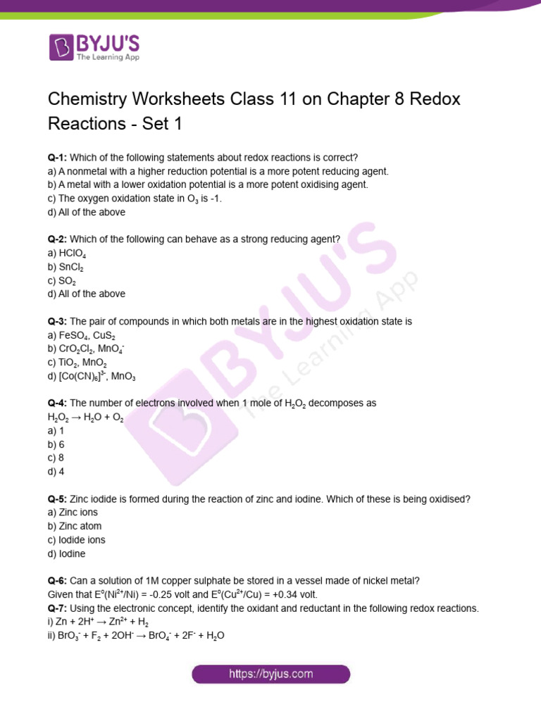 Class 11 Redox Reactions Worksheets | PDF | Redox | Chemical Reactions
