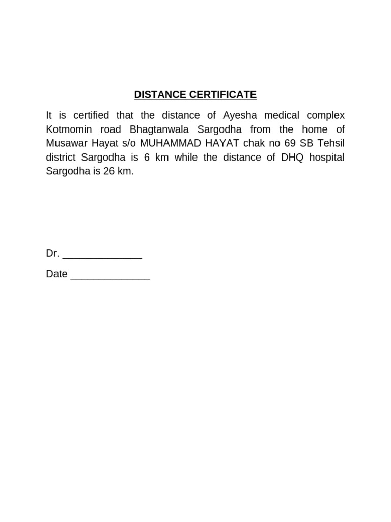 Distance Certificate for Medical Reimbursement | PDF