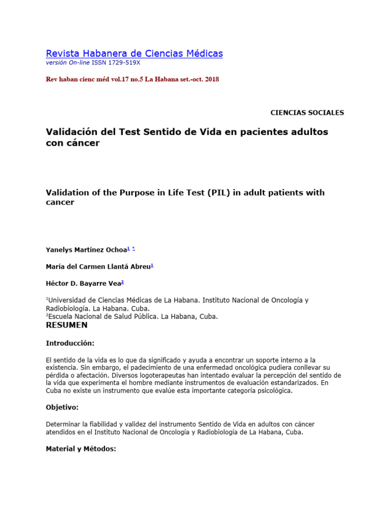 Validación del Test Sentido de Vida en Cáncer | PDF | Alfa de Cronbach ...
