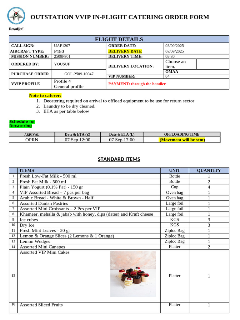 VVIP In-Flight Catering Order Form | PDF | Salad | Desserts