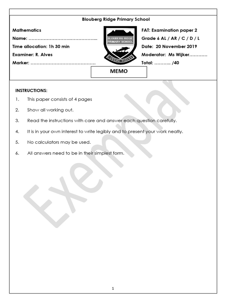 Grade 6 Mathematics Paper 2 November 2019 | PDF | Shape | Area
