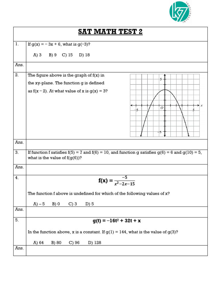 SAT Math Test 2 Questions and Answers | PDF | Mathematics | Algebra