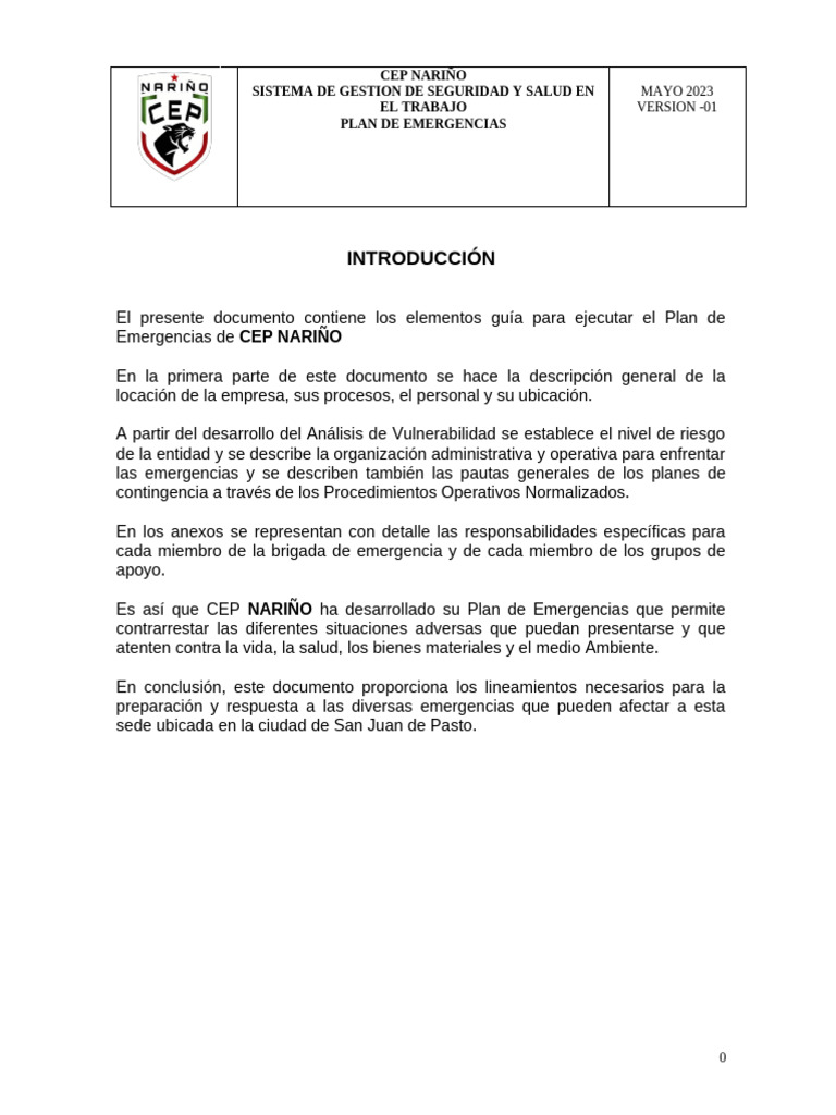 Plan de Emergencias CEP Nariño 2023 | PDF | Riesgo | Seguridad y salud ...