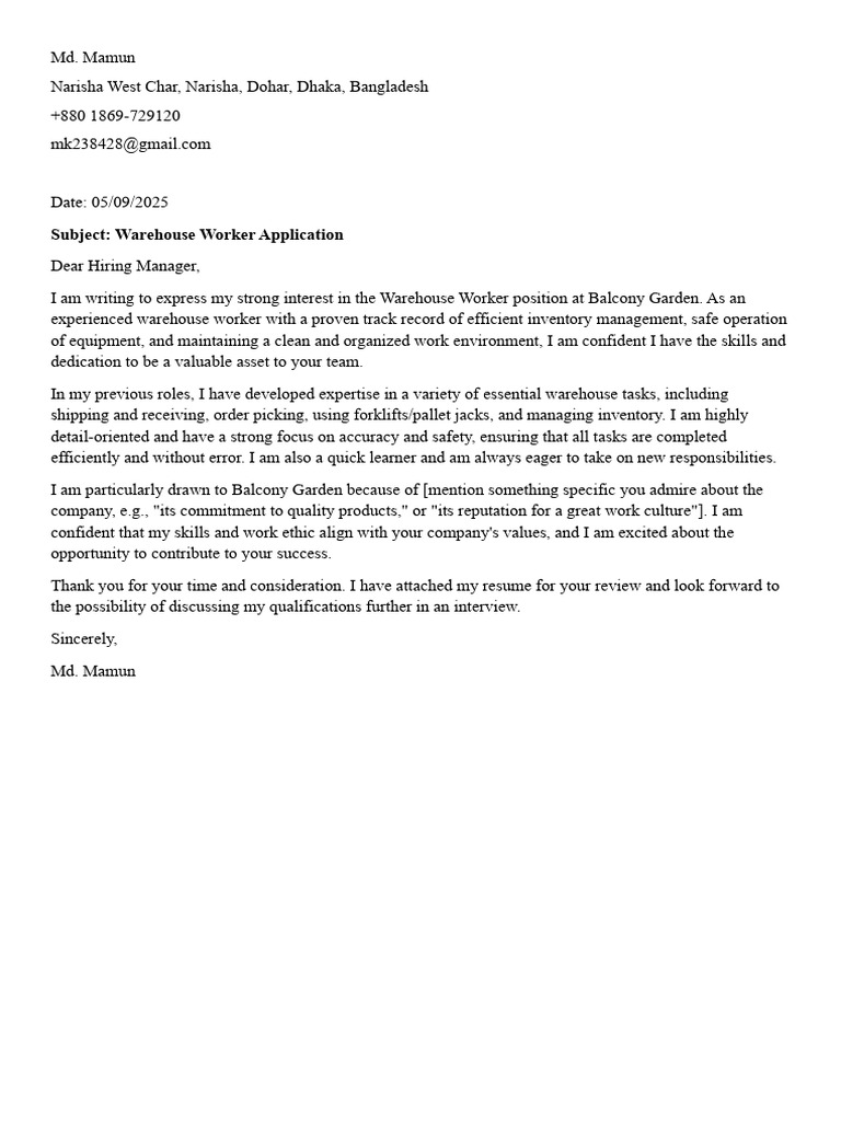 Subject: Warehouse Worker Application | PDF