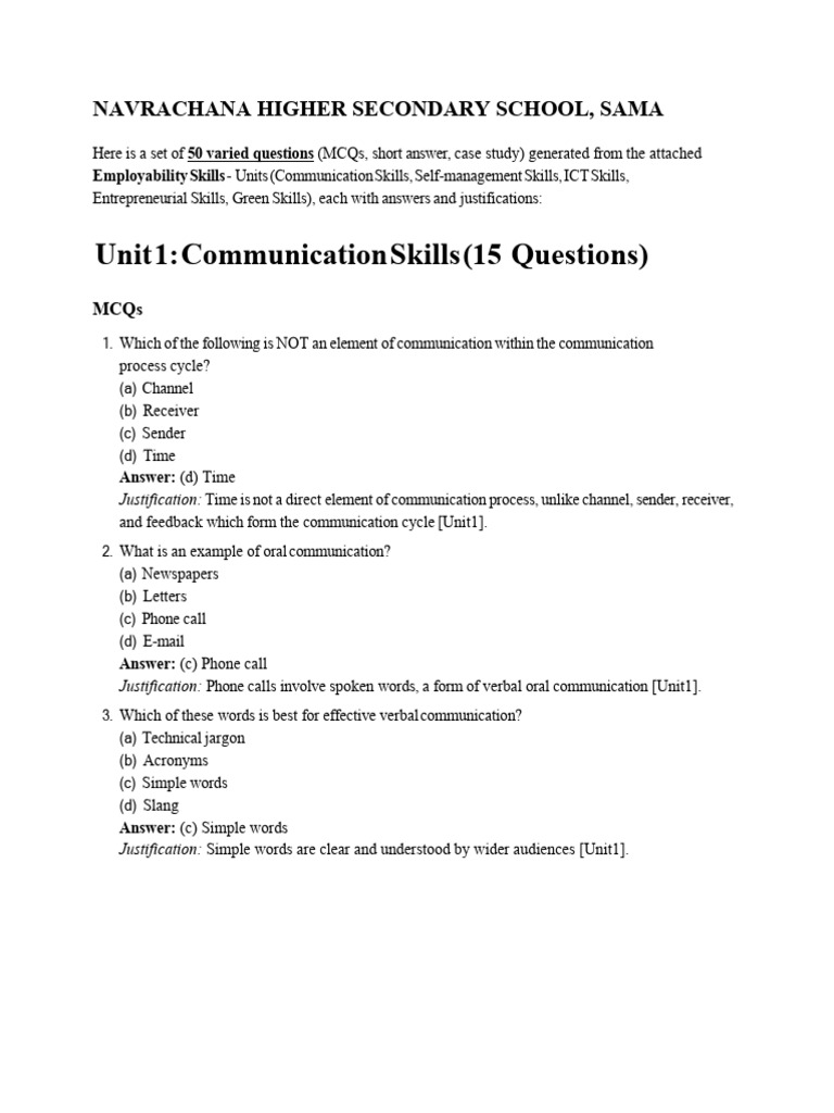 Employability Skills Assessment Questions | PDF | Communication ...