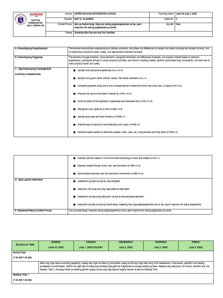 Kinder DLL - Week 3.matatag Curriculum | PDF