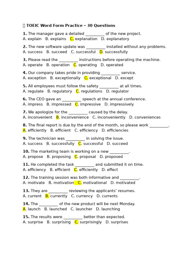 TOEIC Word Form Practice Quiz | PDF