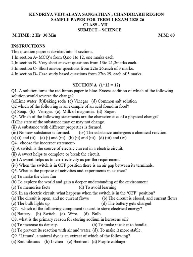 Class 7 Science Term-1 Sample Paper 2025-26 | PDF | Sodium Bicarbonate ...