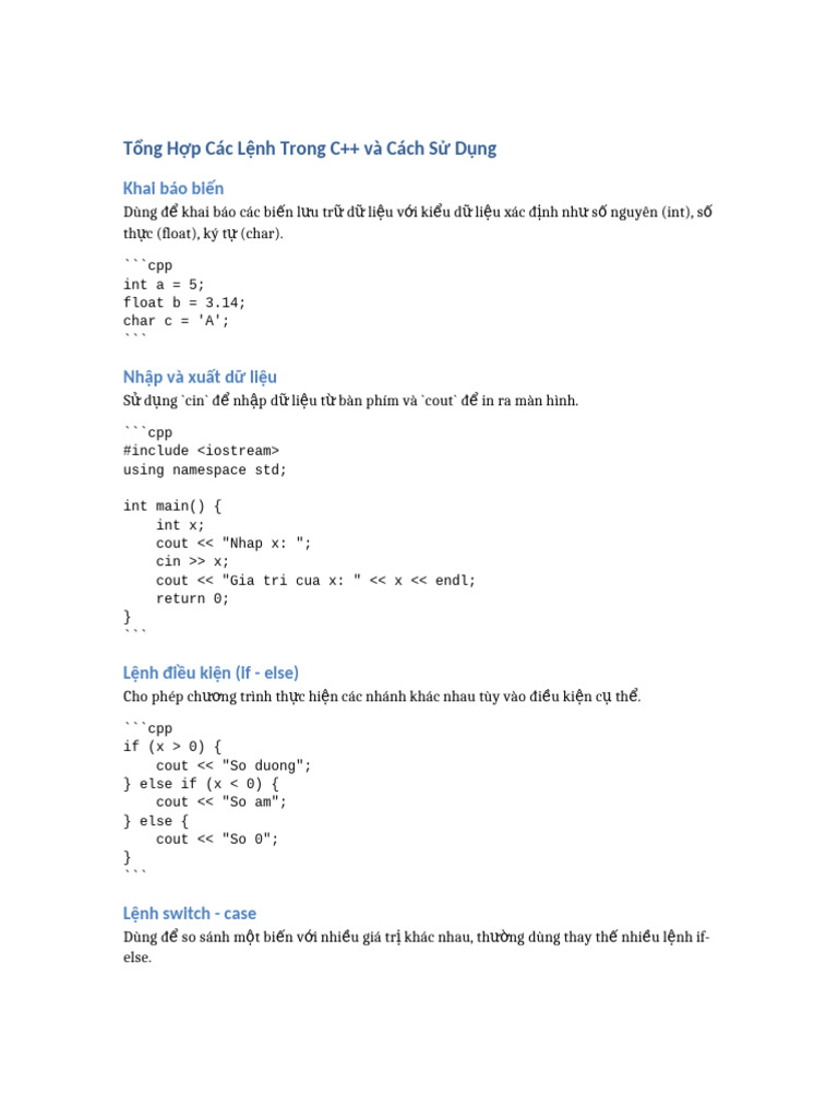 Cac Lenh Trong C++ Co Mo Ta | PDF
