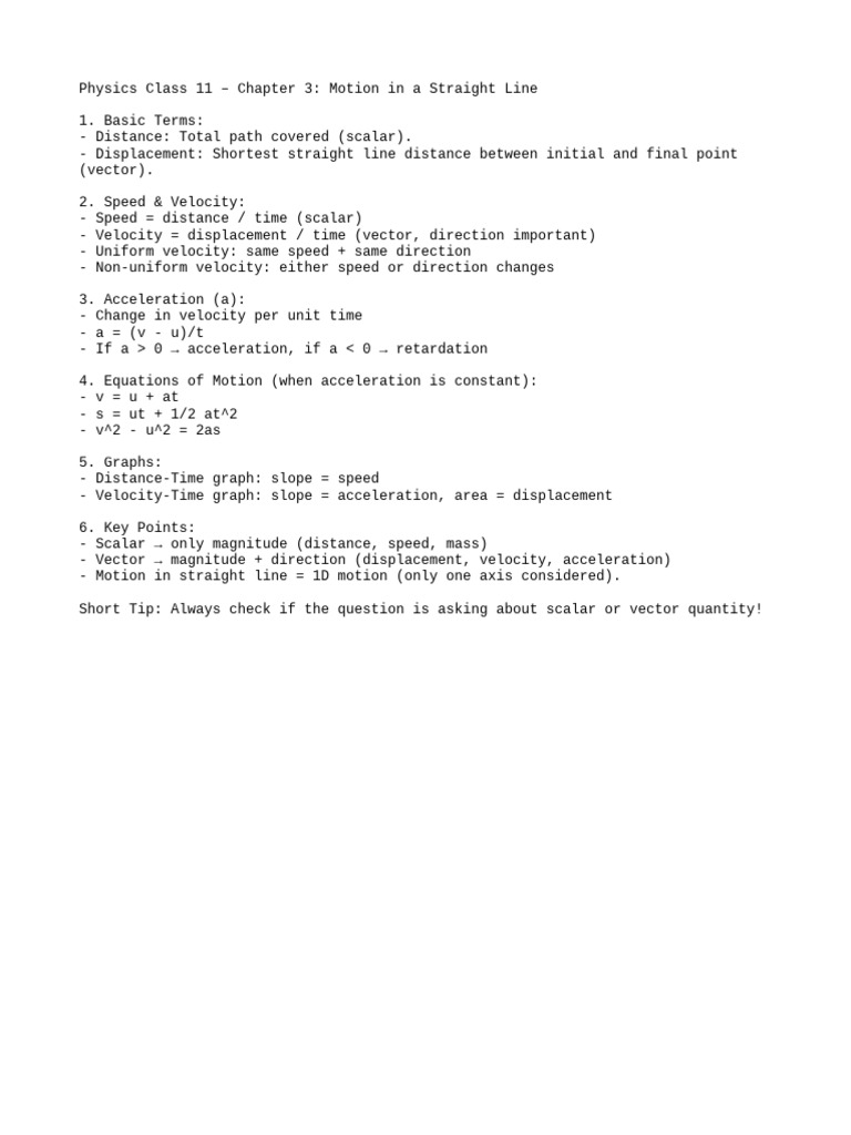 Motion in a Straight Line Notes | PDF