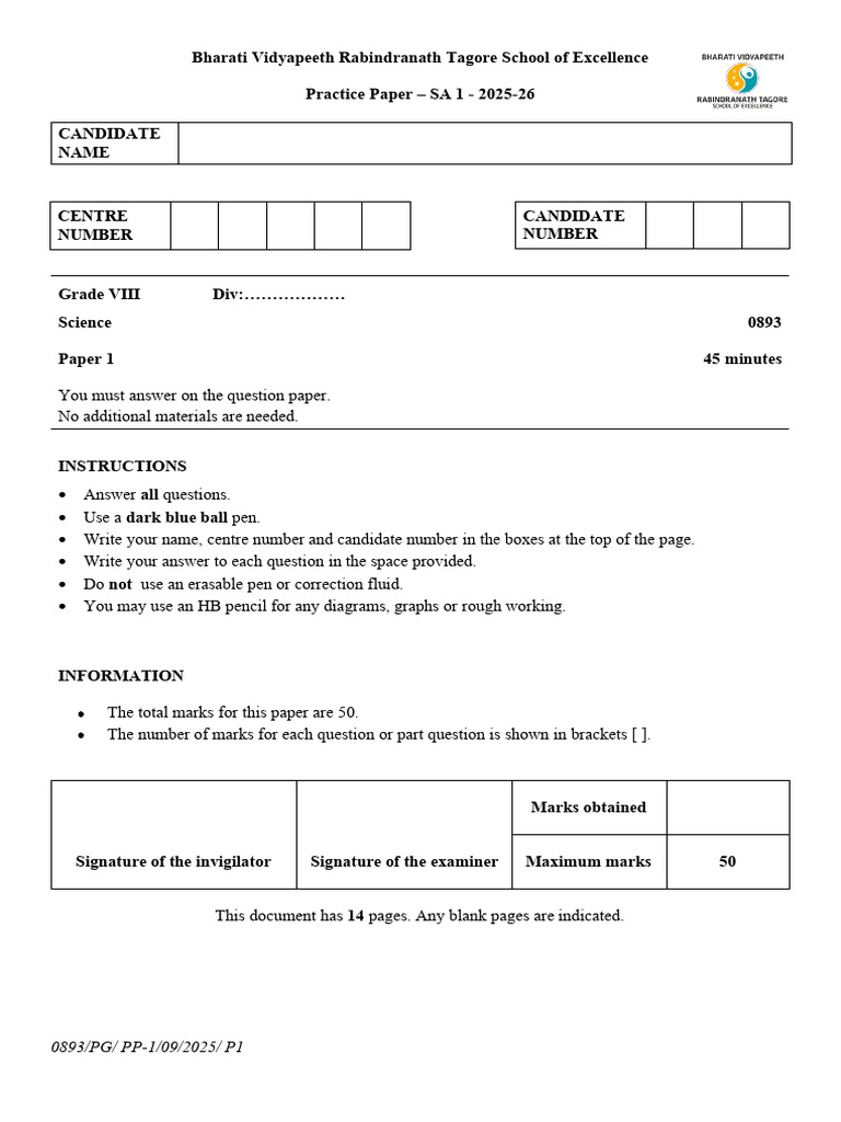 Grade VIII Science Practice Paper 2025 | PDF | Chemical Compounds ...